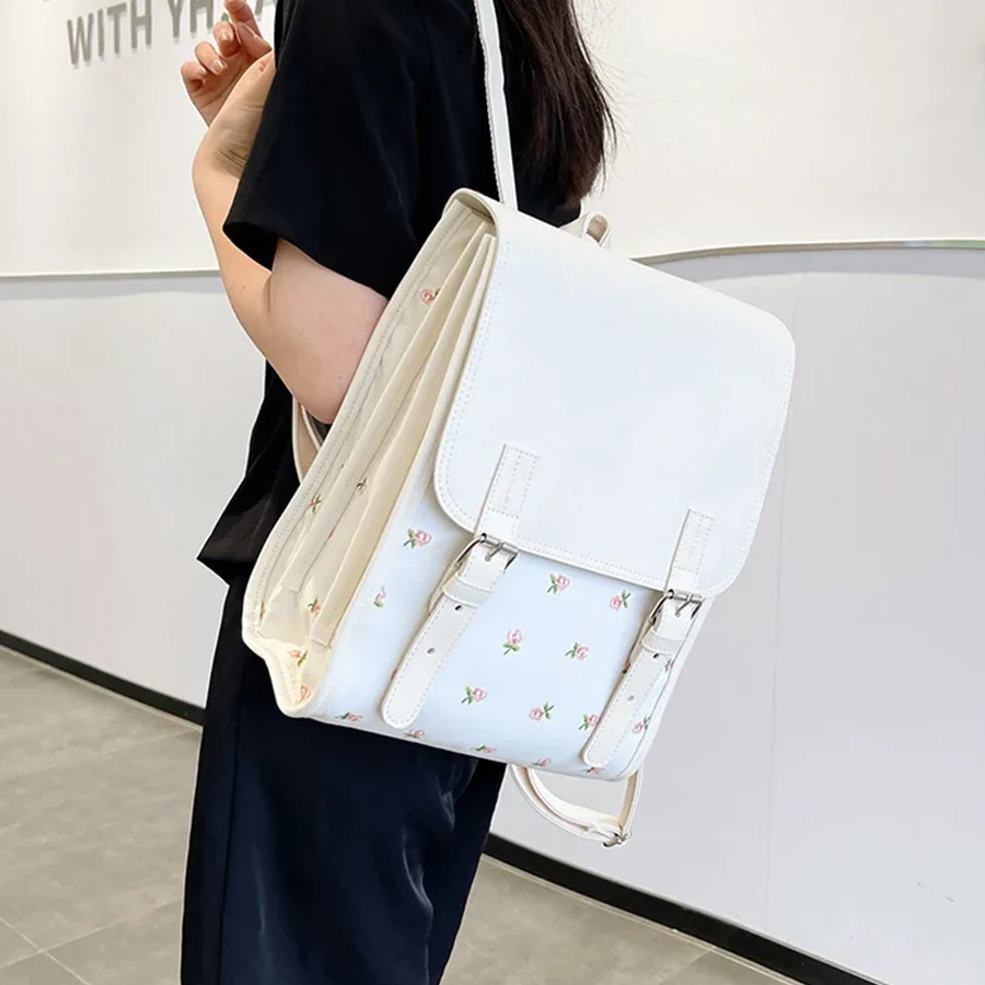 sac à dos à rabat en cuir pu pour femmes et filles, sac d'école à fleurs, sac de voyage d'université, sac à bandoulière pour usage quotidien