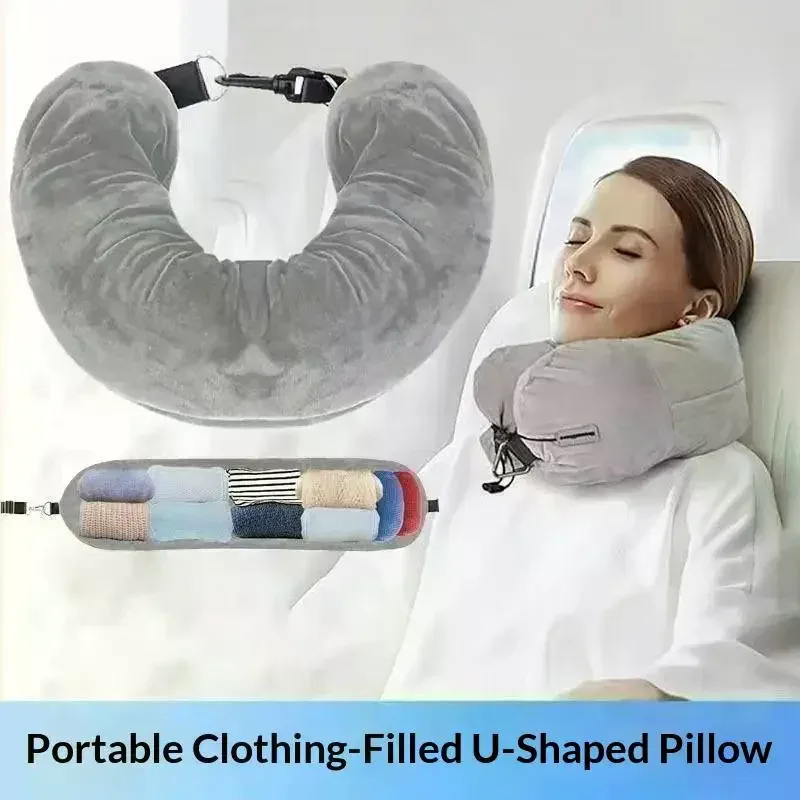 coussin de voyage pour le cou avec sac de rangement pour vêtements remplissable, housse de cou en polaire en forme de u pour les voyages en avion