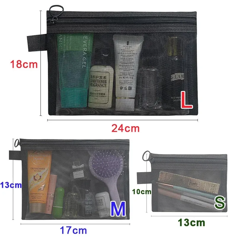 trousse de toilette en maille noire, sacs à cosmétiques pour hommes et femmes, solide, petit, grand voyage, organisateur de maquillage portable, pochette de rangement pour rouge à lèvres, 1/3 pièces