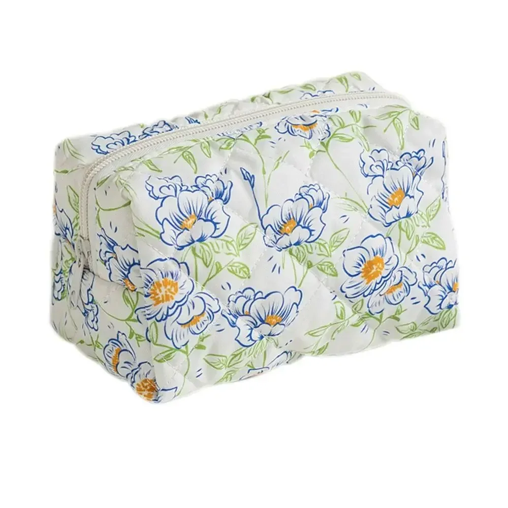 trousse de maquillage en coton matelassé, trousse de toilette portable à carreaux avec fermeture éclair, grande capacité, poudres de soin de la peau, voyage