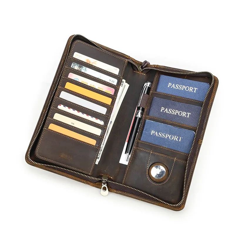 porte-passeport familial en cuir véritable contact's avec emplacement airtag, porte-stylo, pochette à monnaie, portefeuille de voyage et de passeports