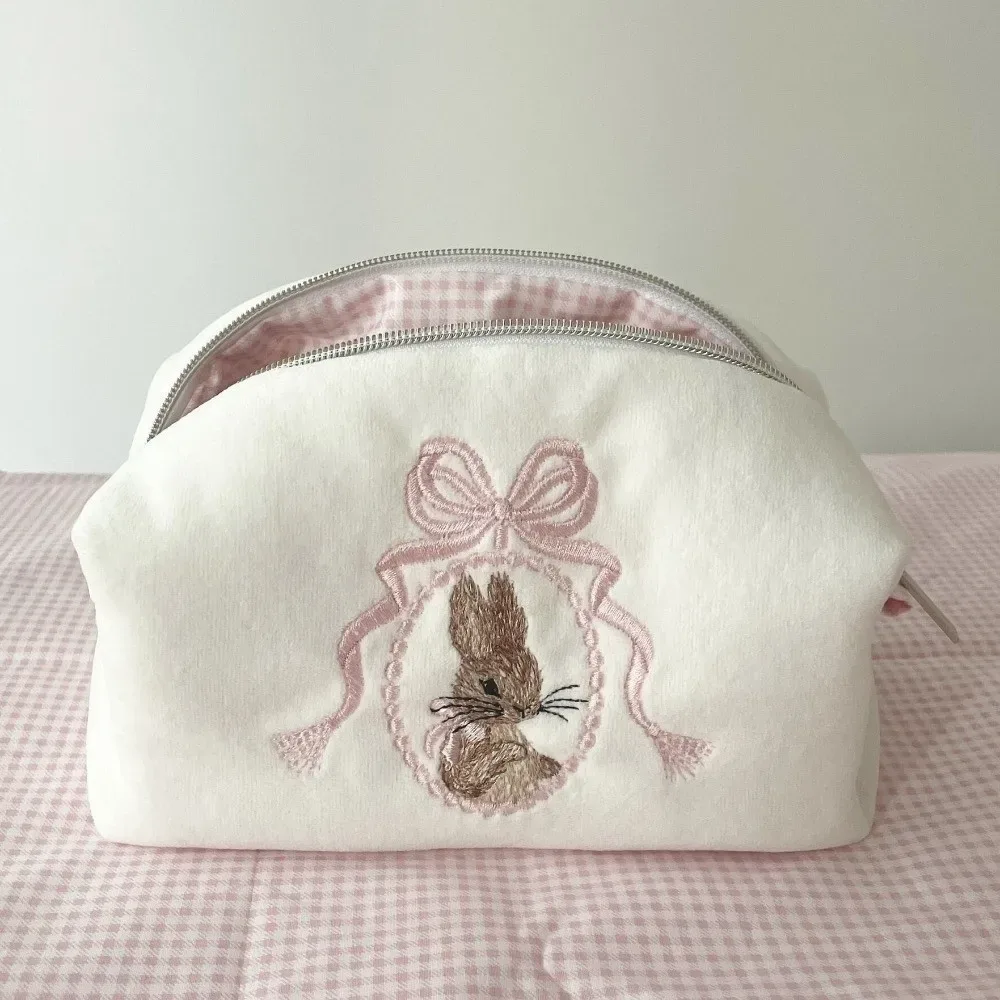trousse de maquillage portable lapin avec nœud en dentelle grande capacité organisateur de maquillage fermeture éclair blanc rose trousse à crayons pour femmes et filles