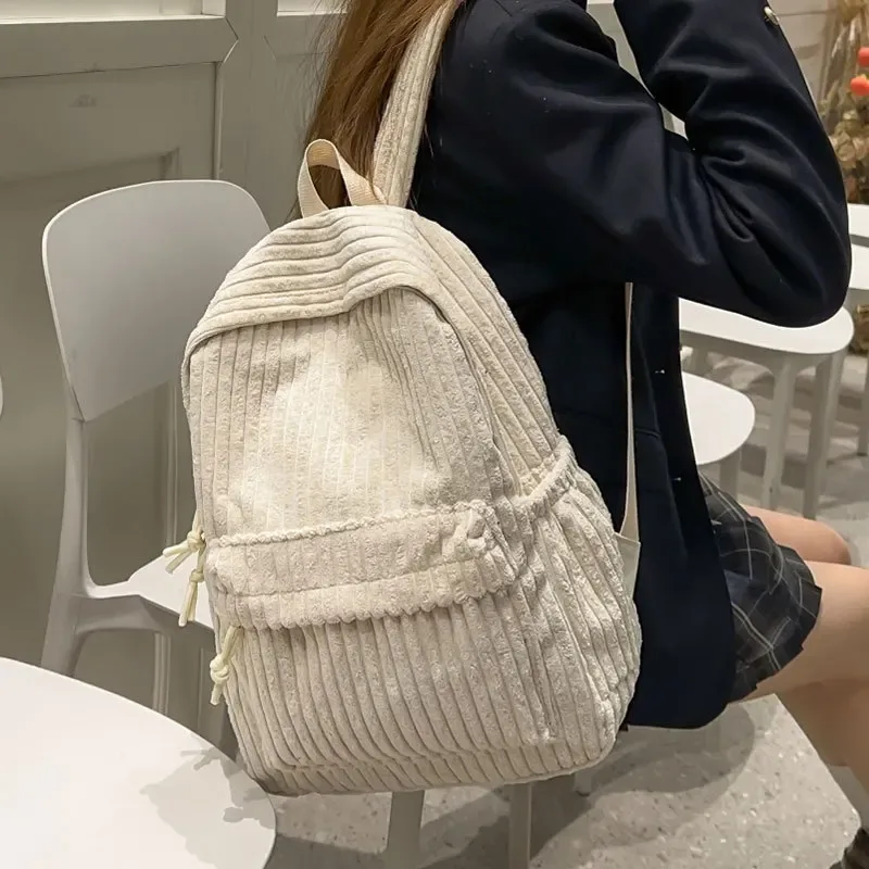 sac à dos rayé en velours côtelé pour femmes, cartable d'étudiant simple, grande capacité, rangement sur ordinateur, sac à dos de voyage pour femmes