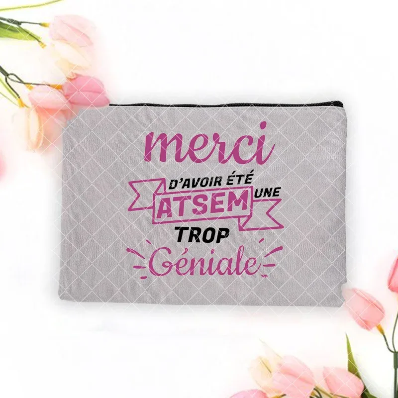 merci atsem – trousse de maquillage imprimée française, grande trousse à crayons, fournitures de papeterie scolaire, sac de rangement, pochette de lavage de voyage, cadeaux pour atsem