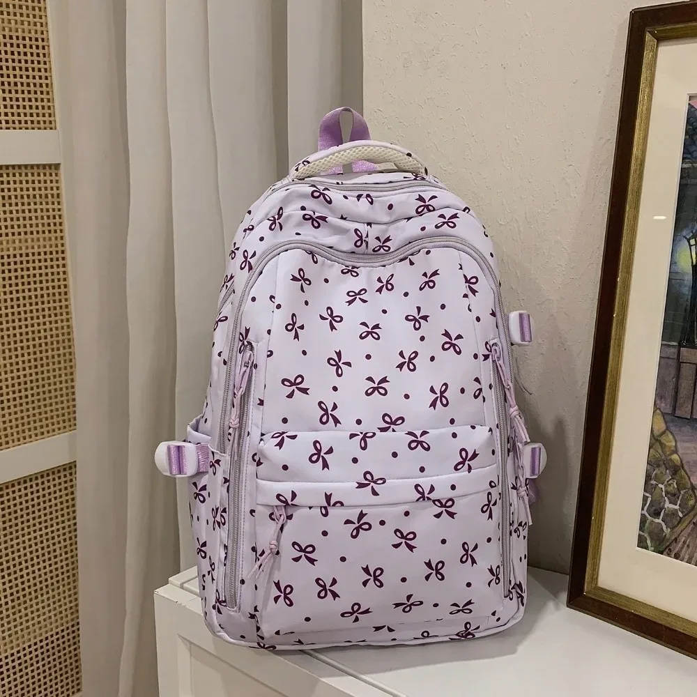sac à dos grande capacité à imprimé floral, multi-poches, motif nœud épaissi, léger et durable, pour l'école primaire