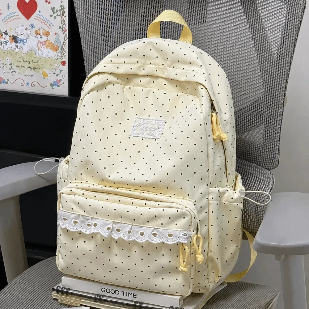 sac à dos de voyage mignon à pois, grande capacité, avec dentelle, cartable d'étudiant, sac à dos multi-poches en nylon pour ordinateur portable