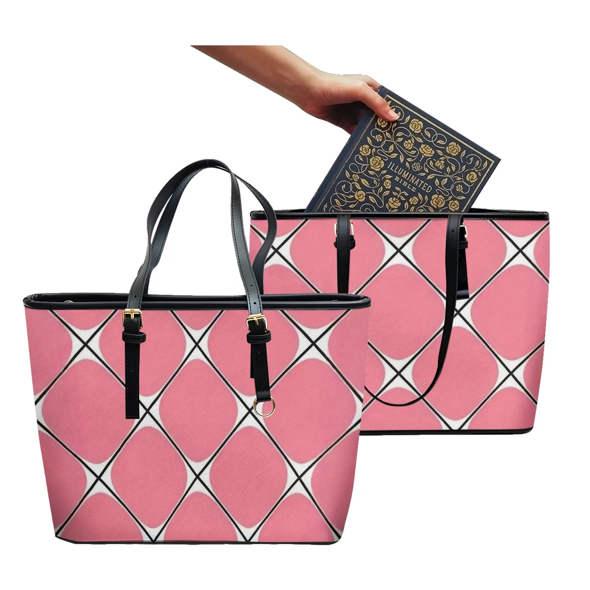 sac à bandoulière en cuir pvc oxford imprimé grille diamant rose, fourre-tout léger à fermeture éclair, usage quotidien, sac à main convertible pour le travail et le week-end