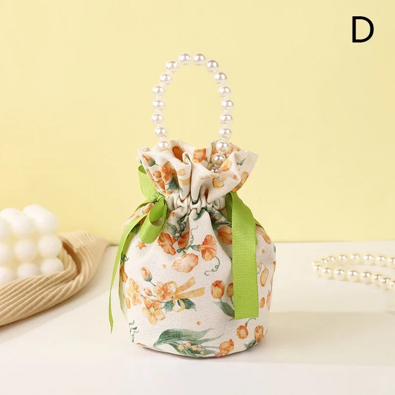 sac à cordon en toile florale, petite pochette à bijoux avec nœud papillon avec poignée en chaîne de perles, sac d'emballage de bonbons de mariage