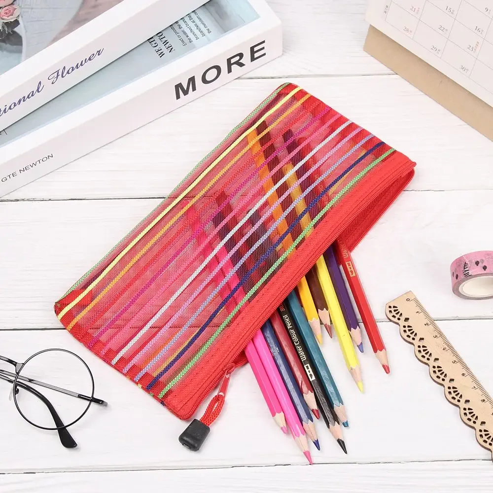 1pc mode couleur unie cosmétique arc-en-ciel couleur nylon maquillage maille stylo sac grille fermeture éclair trousse à crayons stockage cosmétique