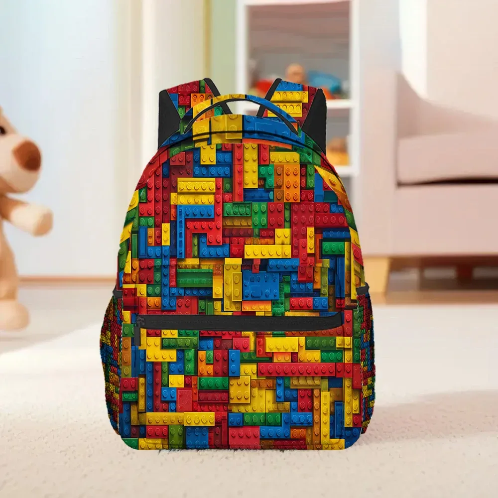 sac à dos à blocs colorés, tissu léger et durable avec fermeture à glissière, imprimé animé tendance pour le travail scolaire et le week-end