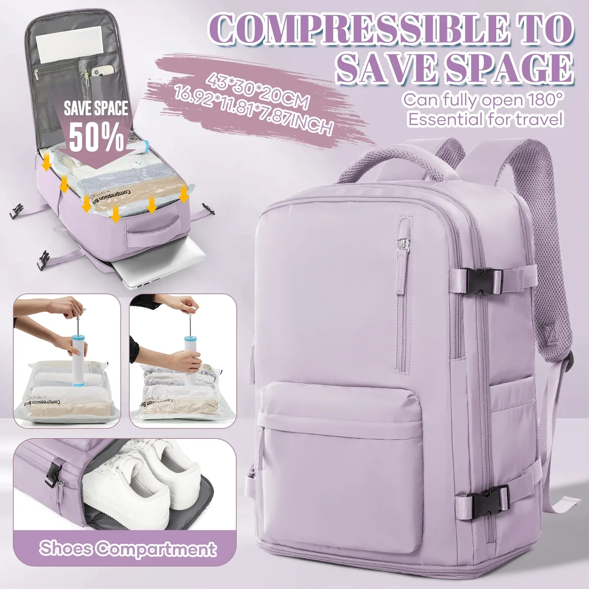lot de 3 sacs à dos de cabine ryanair 40x30x20cm avec pompe manuelle et compression sous vide - sac de voyage en nylon durable pour les courts séjours