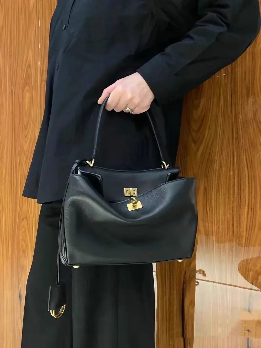 sac fourre-tout en cuir véritable avec fermeture à boucle, sac à bandoulière grande capacité, sac à main de créateur, sac bandoulière pour femme