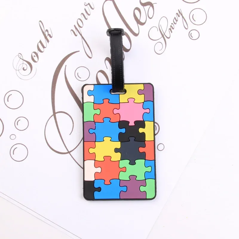étiquette de bagage imprimée à rayures, puzzle, porte-carte en silicone souple en pvc, passe d'embarquement de dessin animé, étiquettes de bagages d'avion, étiquette de valise