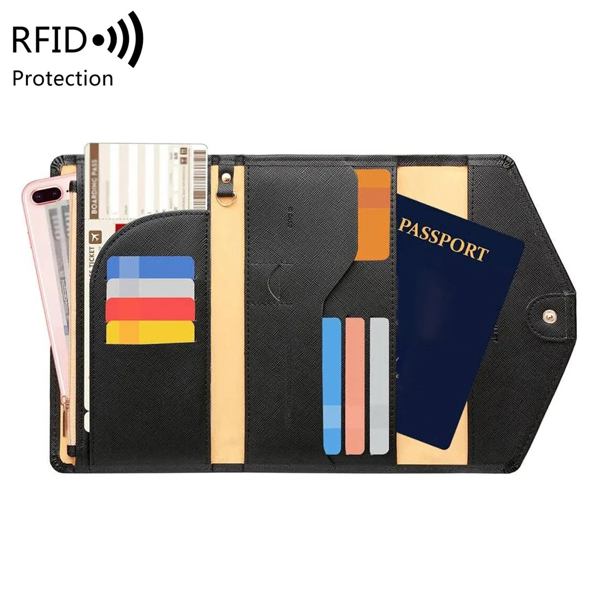 sac de passeport à brosse antivol rfid, portefeuille de voyage multifonctionnel, porte-cartes multi-porte-passeport monochrome