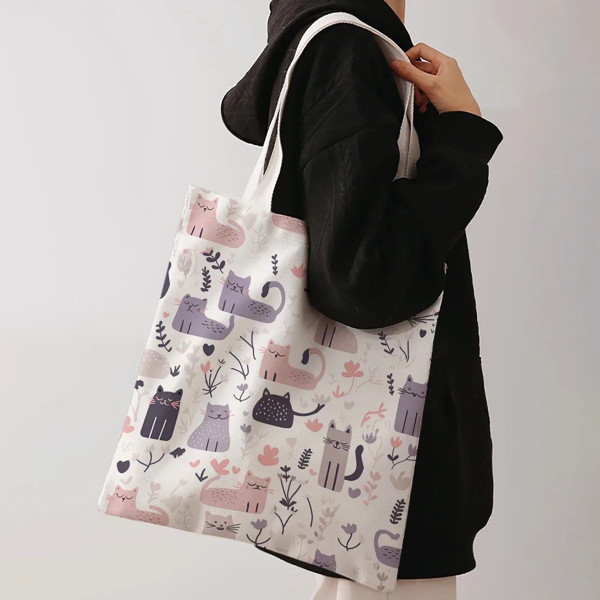 sac fourre-tout rose et violet à imprimé floral et cœur de chat, sac à bandoulière de grande capacité pour le shopping, les voyages et l'usage quotidien