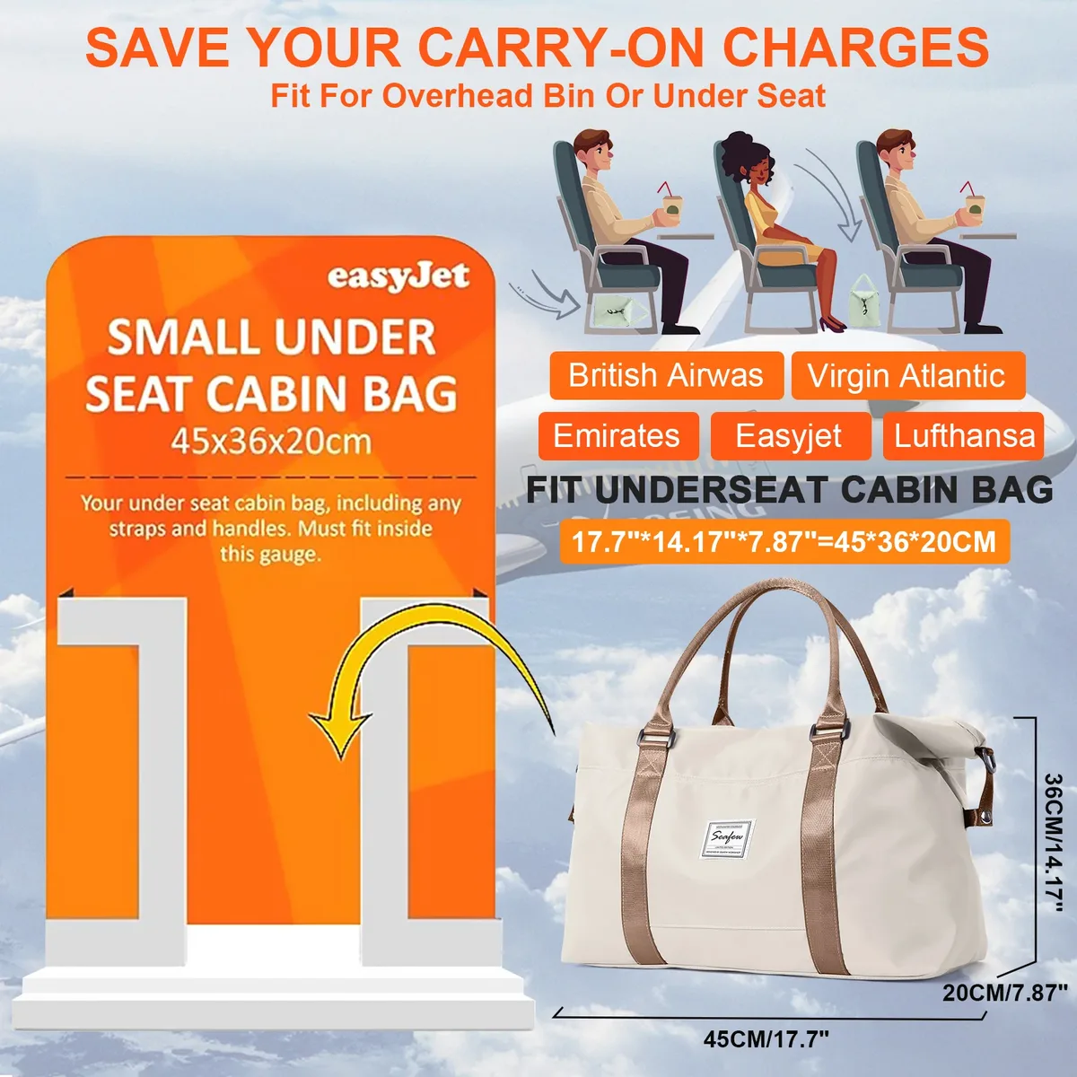 sac de voyage pour femme, bagage à main de grande capacité, sac de voyage easyjet airlines 45x36x20, sac de voyage pour week-end ou court séjour. ﻿