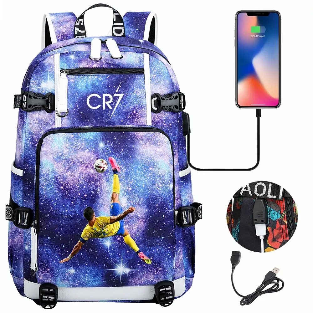 football star cr7 usb adolescents étudiant cartable femmes hommes ordinateur portable voyage sport sac à dos fille garçons enfants retour à l'école livre sacs