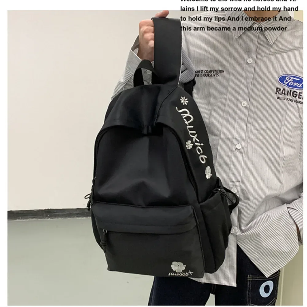 sac à dos noir minimaliste pour femmes, sac d'école décontracté avec broderie florale pour étudiants, utilisation quotidienne, voyage