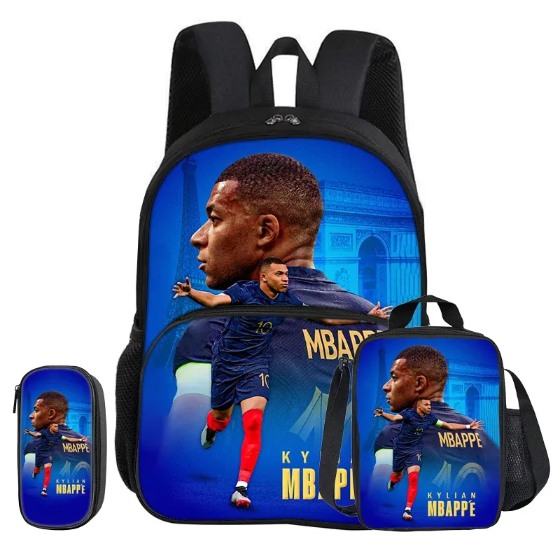ensemble de 3 pièces m-mbappe avec sac à dos à poche avant, sac isotherme pour le déjeuner, trousse à crayons de star de football, cadeau pour enfants