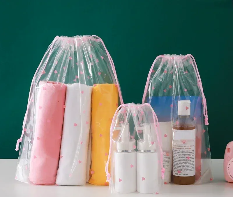 trousse de toilette portable étanche de voyage, 1 pièce, trousse de toilette transparente à cordon de serrage, sac à cosmétiques pour fille, trousse de maquillage transparente, organisateur