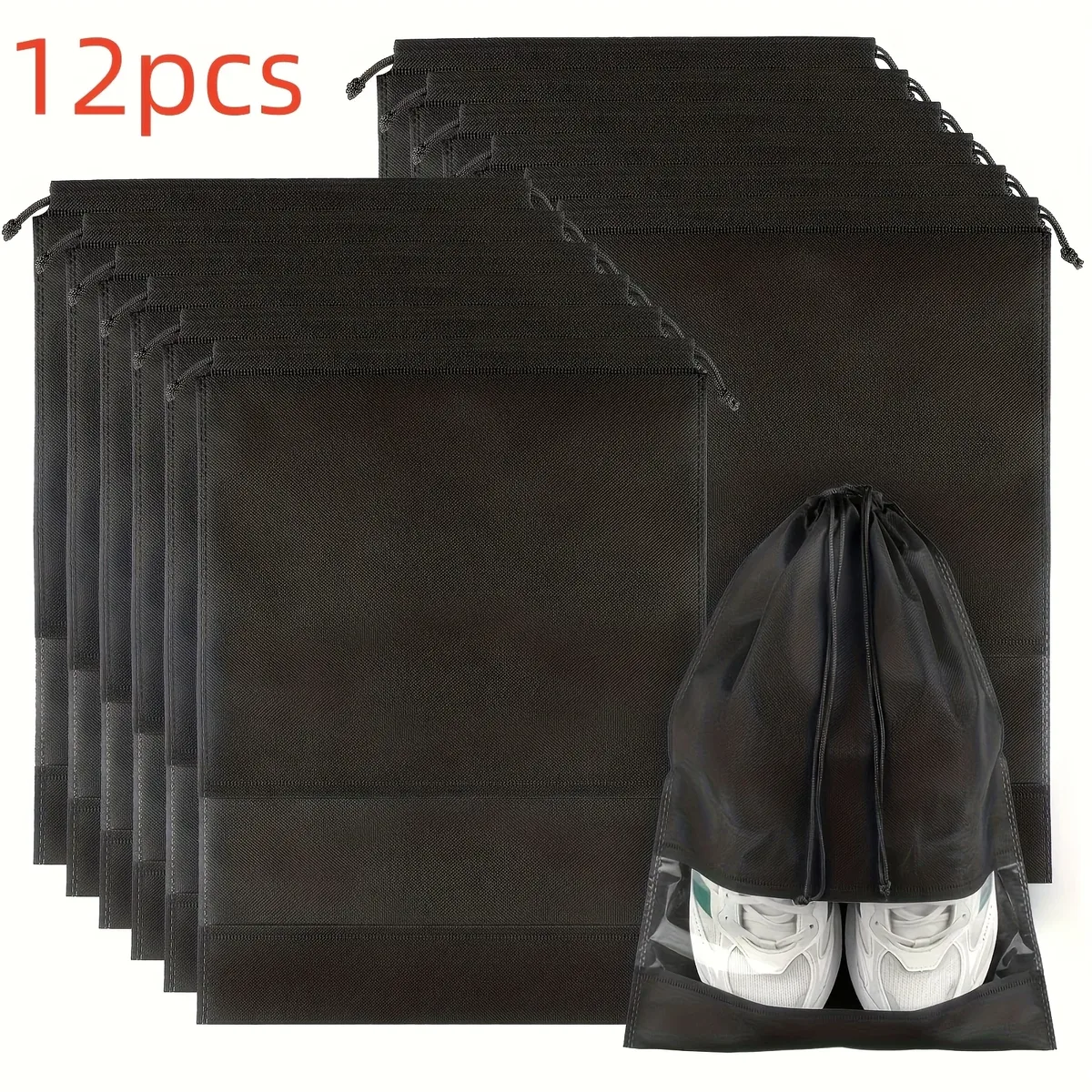 12 sacs de rangement pliables non tissés pour chaussures, grands sacs noirs à cordon, réutilisables, unisexes, pour l'organisation de voyage et l'emballage des chaussures