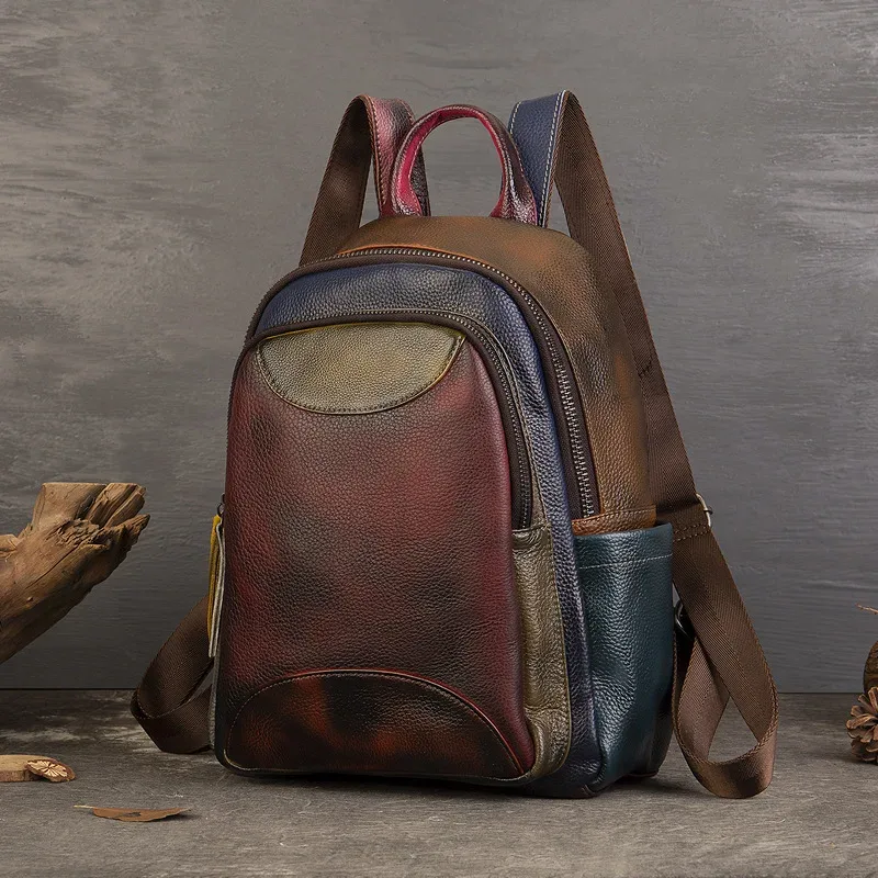 sac à dos vintage en cuir véritable pour femme, patchwork, sacs à bandoulière en cuir de vache véritable, mode dames, fourre-tout de voyage