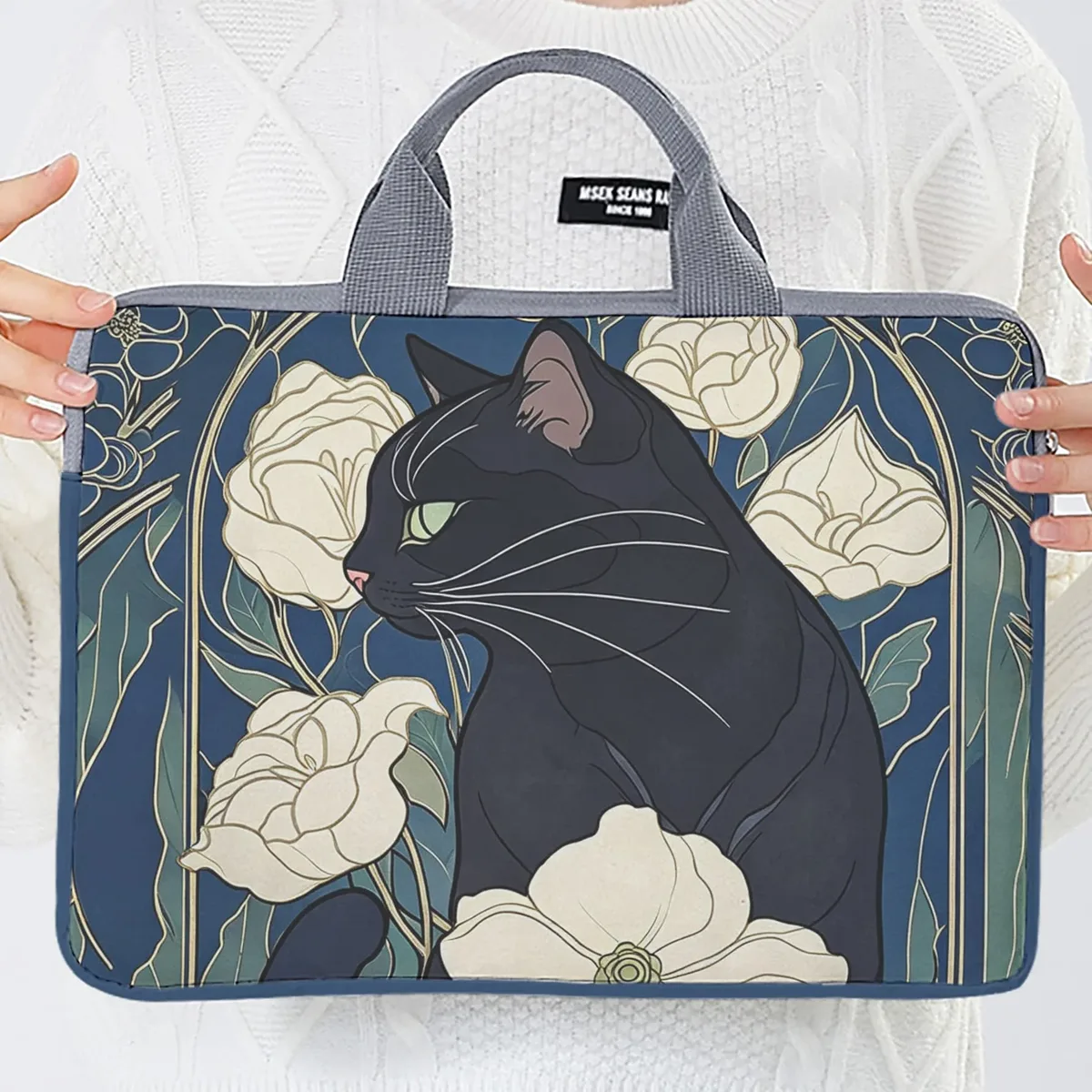 1 pièce, deux styles, sac pour ordinateur portable imprimé motif camélia et chat noir, housse souple en tissu pour ordinateur portable, convient aux ordinateurs portables de 14 pouces