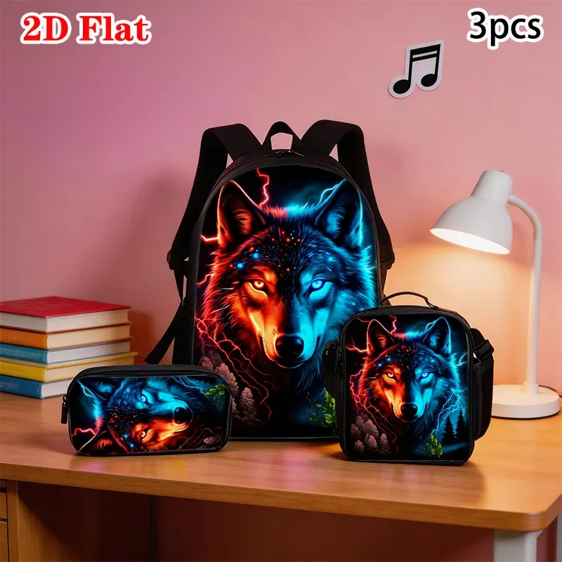 ensemble de 3 sacs à dos à motif loup, légers, grande capacité, sac d'école, sac de voyage avec sac à bandoulière, sacs à crayons, cadeau parfait pour les enfants