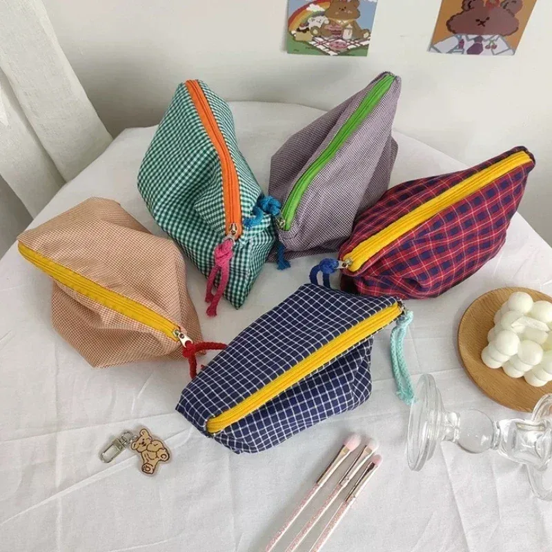 nouvelle trousse de maquillage à carreaux pour femme, grande capacité, en coton, avec fermeture éclair, pochette de voyage, sac cosmétique, nécessaire féminin