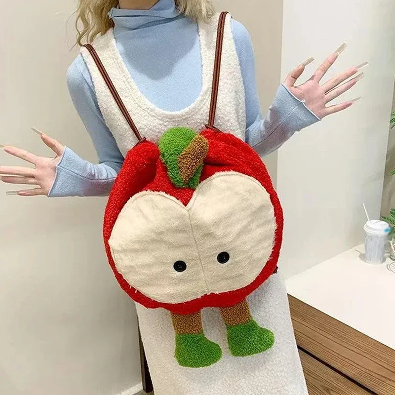 dessin animé mignon pomme épaule en peluche sac d'ordinateur pomme cordon sac à dos sac à dos grande capacité sac à dos cadeau de noël