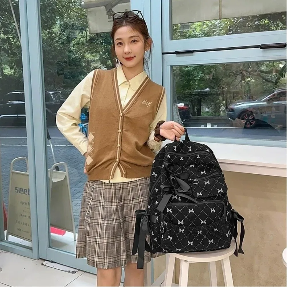 sac à dos scolaire en velours côtelé à nœud, style ins, imprimé nœud, polyvalent, grande capacité, pour étudiants et femmes