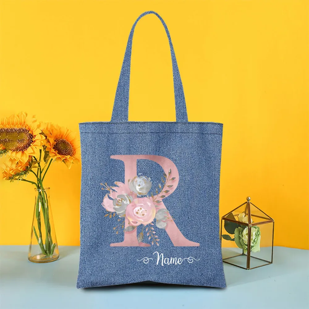 sac fourre-tout en denim personnalisé avec lettre avec nom, sac à main pour mariage, enterrement de vie de jeune fille, sacs de demoiselle d'honneur, sac à bandoulière de voyage, cadeau pour elle
