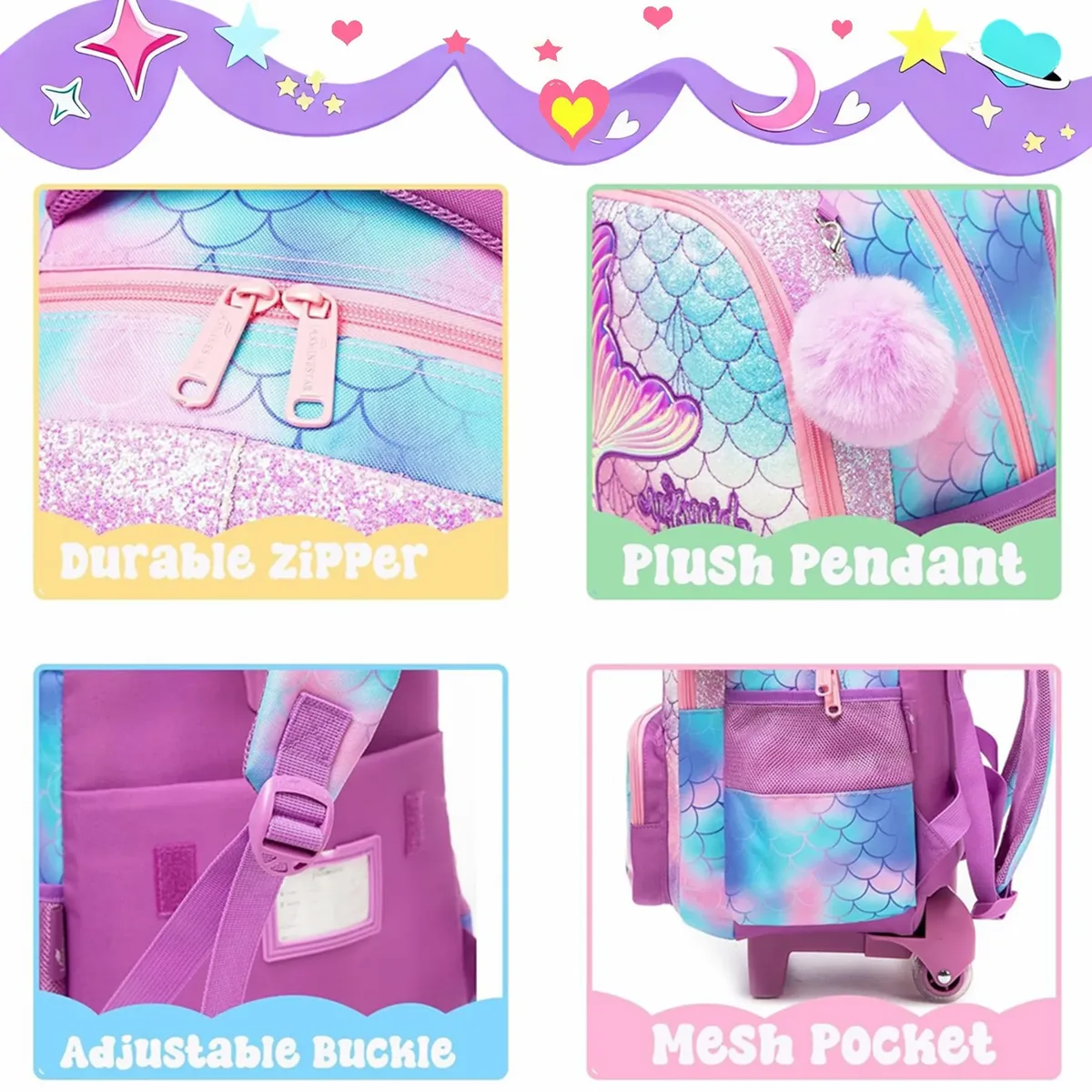 sac à dos roulant sirène mignon pour fille enfants valise de voyage avec roues étudiant primaire bagage à main garçons sac à dos à roulettes