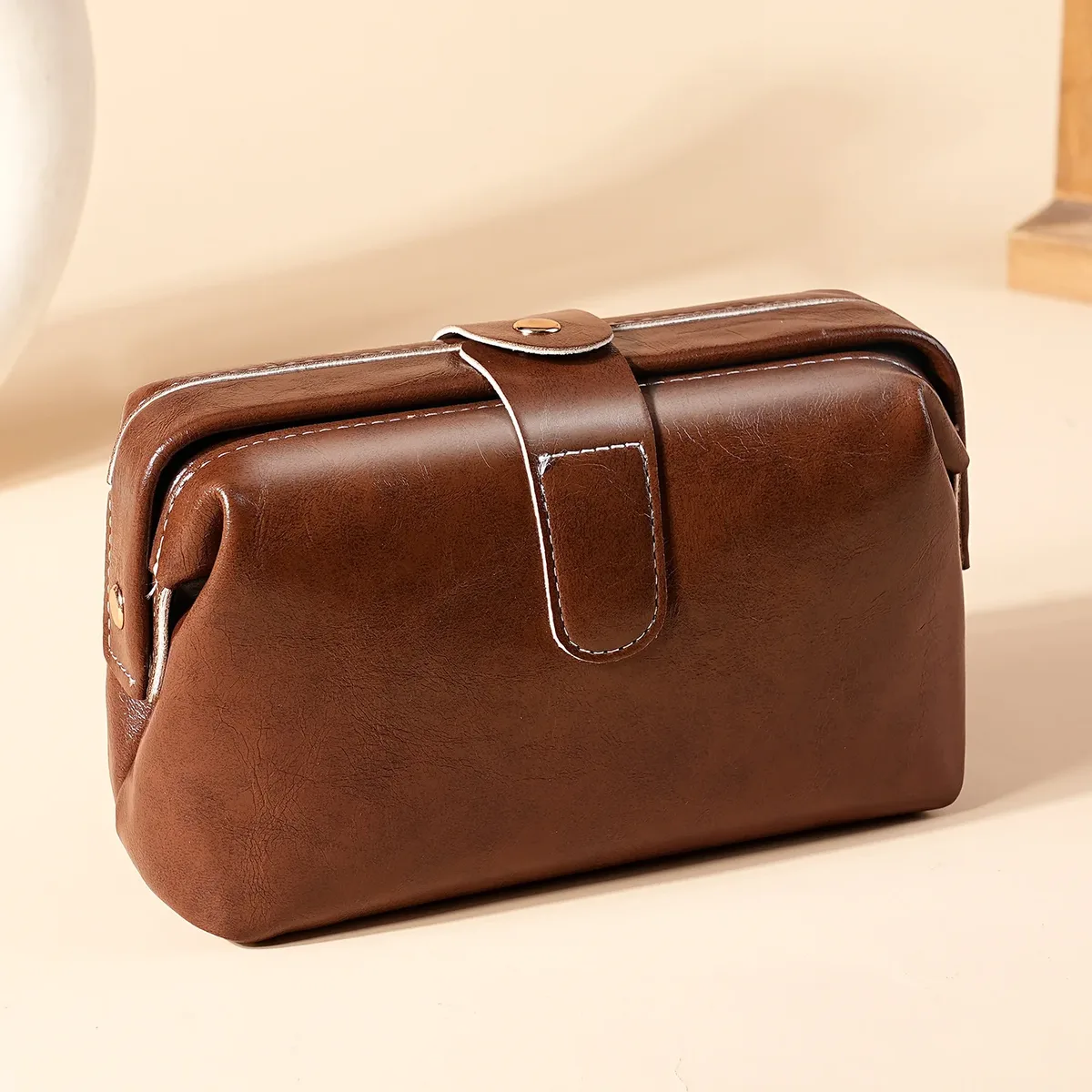 sac à cosmétiques vintage en cuir pu pour femmes et filles, porte-monnaie à boutons de couleur unie, trousse de maquillage de grande capacité, étanche