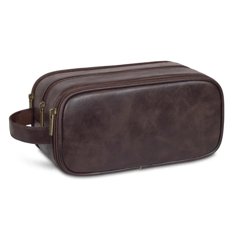 trousse de toilette de voyage pour hommes en cuir résistante à l'eau avec poignée, organisateur polyvalent pour articles de toilette, trousse de toilette personnalisable avec logo, kit dopp