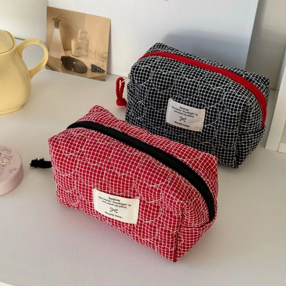 trousse de maquillage classique matelassée en forme de cœur, style coréen, grande capacité, pochette cosmétique à fermeture éclair, motif écossais, pour extérieur