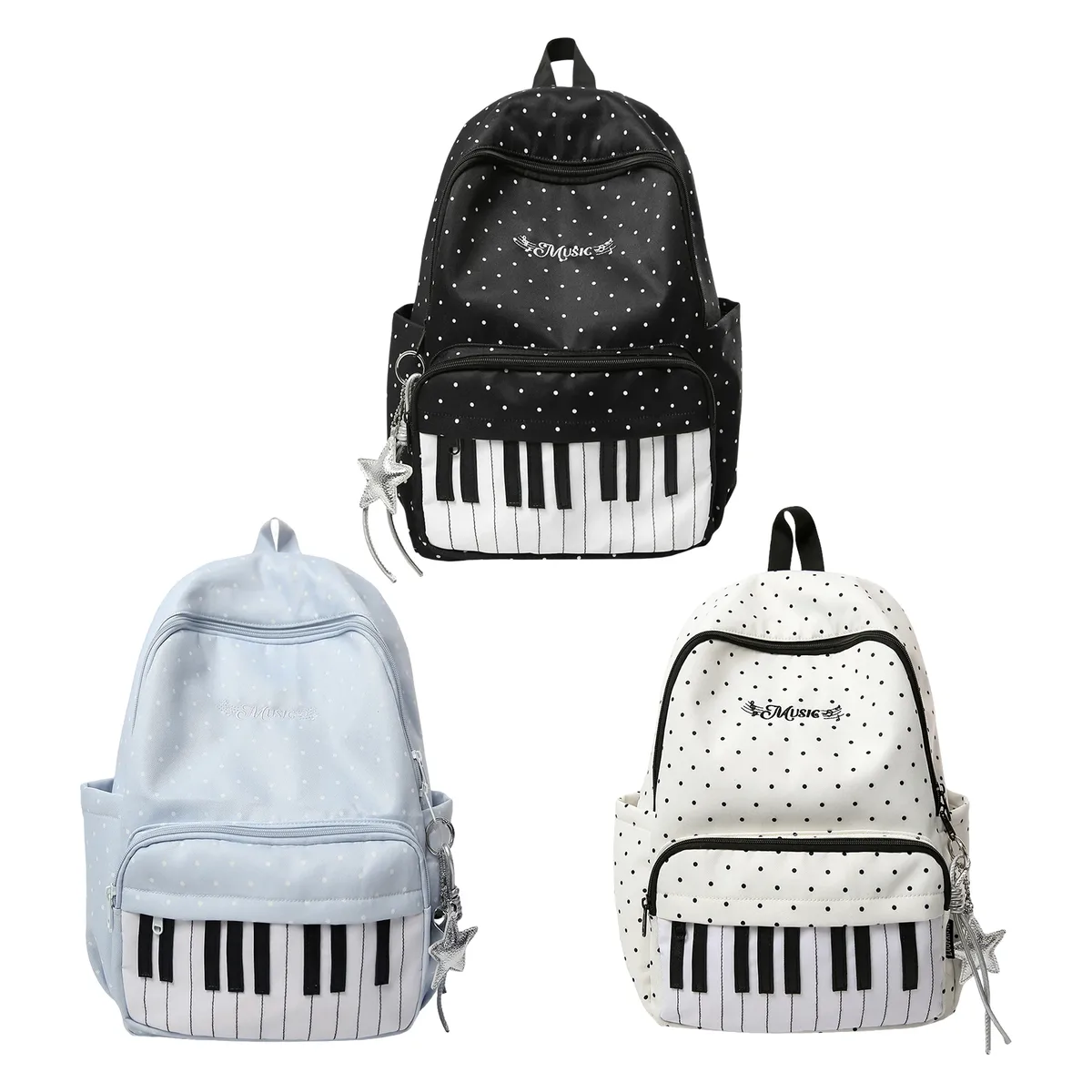 sac à dos décontracté en nylon de 16,9 pouces à pois avec motif clavier de piano et pendentif pour filles, idéal pour les voyages, le shopping et l'usage quotidien