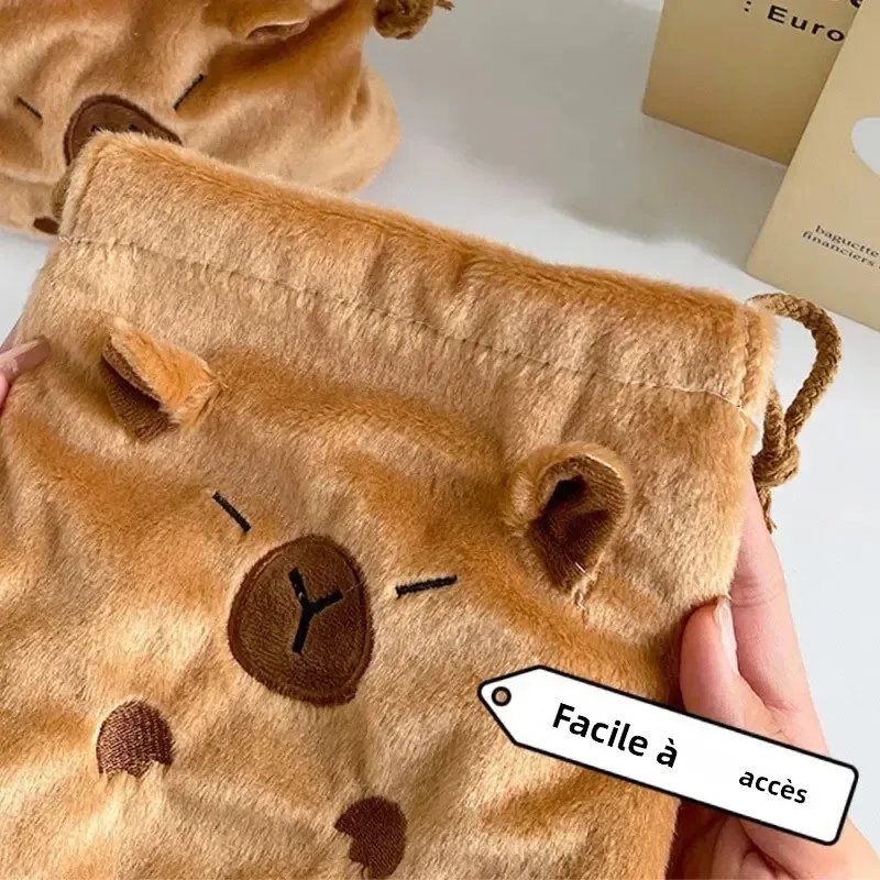 sac de rangement portable à cordon, cadeaux, mignon dessin animé capybara kawaii, pochette cosmétique, sacs de rangement en peluche capybara de grande capacité
