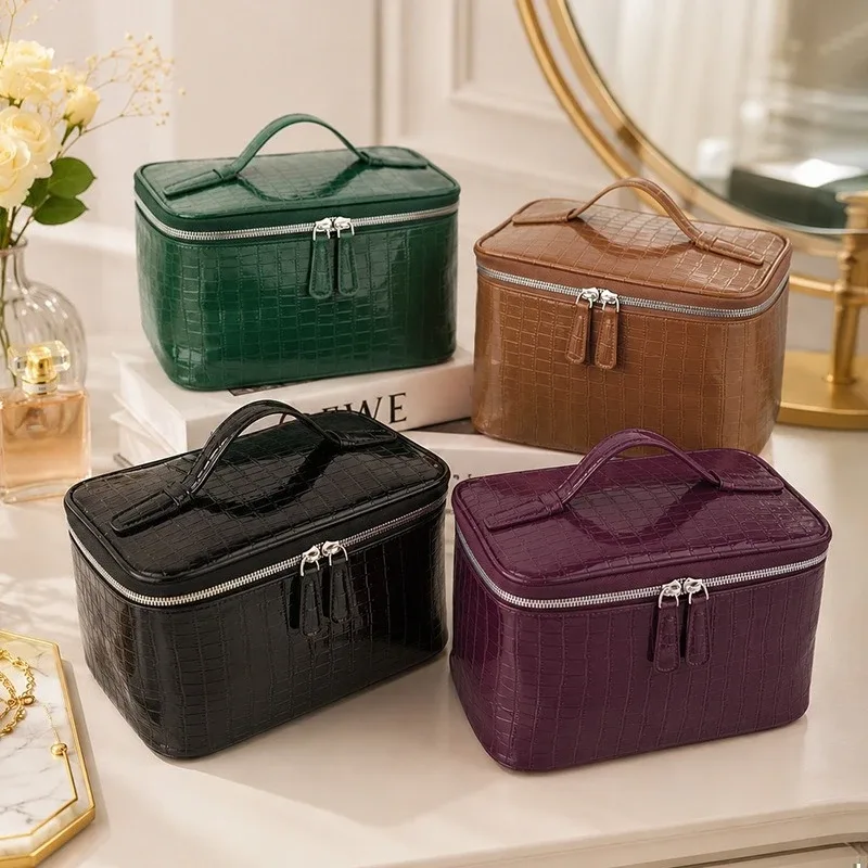 trousse de maquillage en cuir pu pour femme, grande capacité, boîte de voyage portable, organisateur de toilette à fermeture éclair, sac de rangement étanche