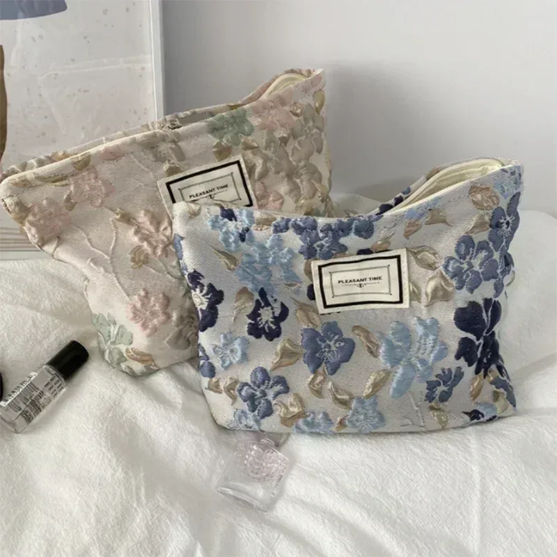 trousse à cosmétiques de beauté florale pour femme, trousse de maquillage, broderie coréenne, velours côtelé, grand sac de rangement de lavage et de toilette, poudres, voyage