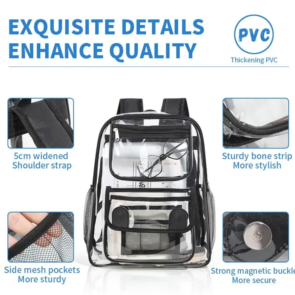 sac à dos transparent décontracté de grande capacité, sac à dos portable en pvc avec fermeture éclair, sac de sport extérieur visible et étanche pour femme/homme