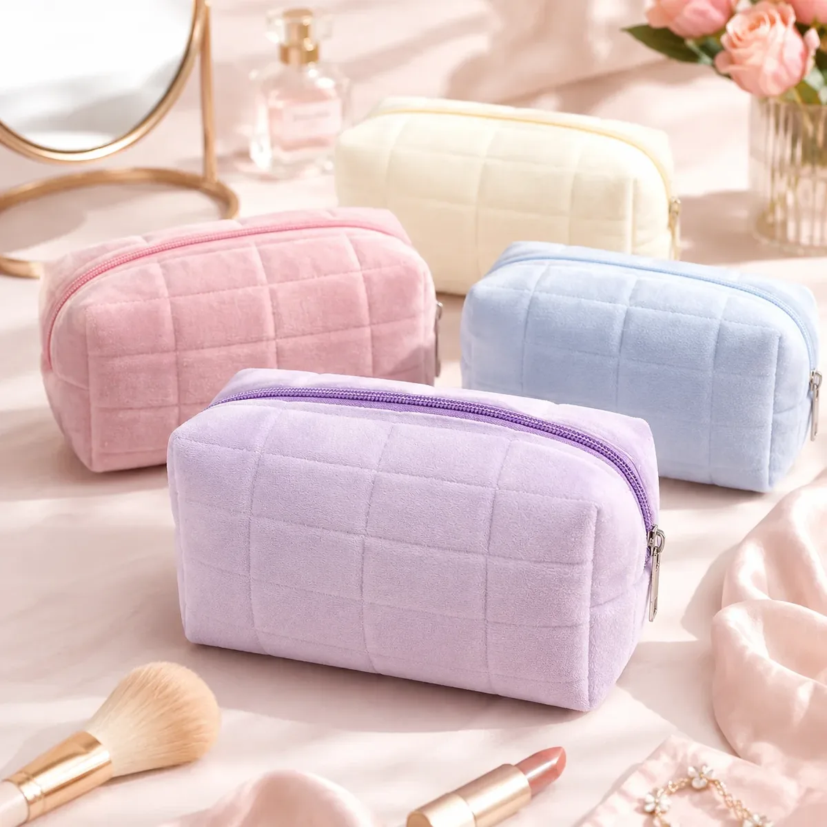 sac de maquillage matelassé en peluche douce, grande capacité, pochette cosmétique portable à fermeture éclair, sac de rangement pour articles de toilette et de soin de la peau pour voyage.