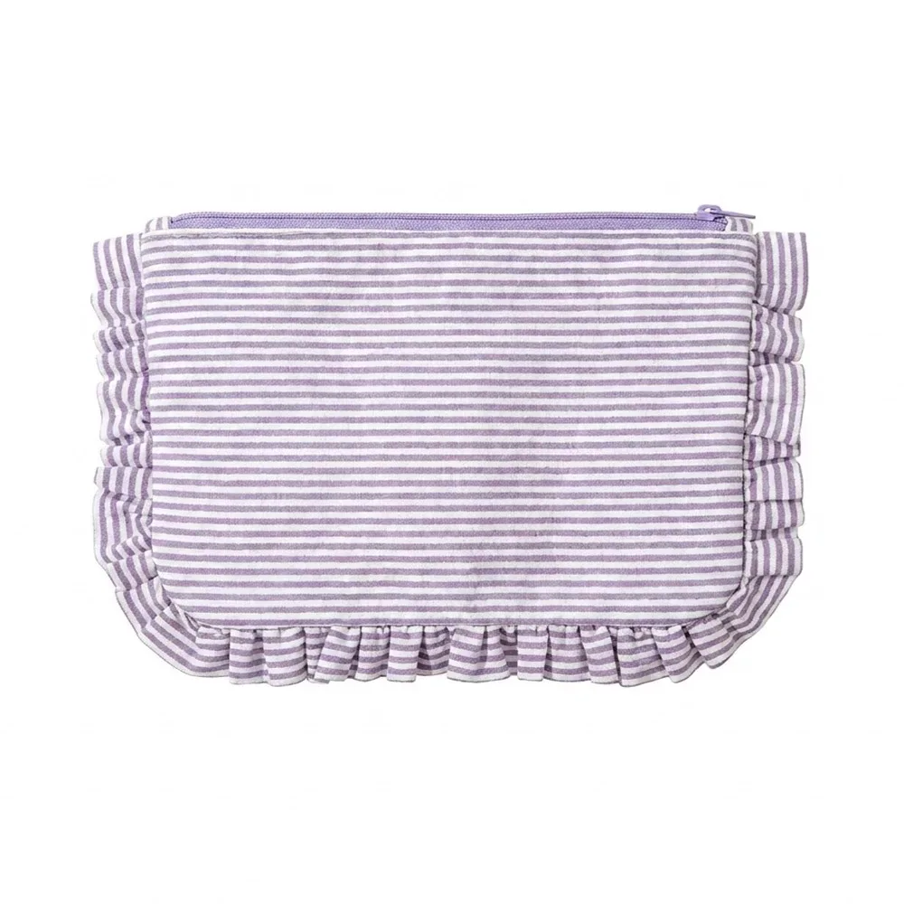 sac de maquillage à rayures à volants durable, grande capacité, pochette cosmétique portable, trousse de toilette, cadeau