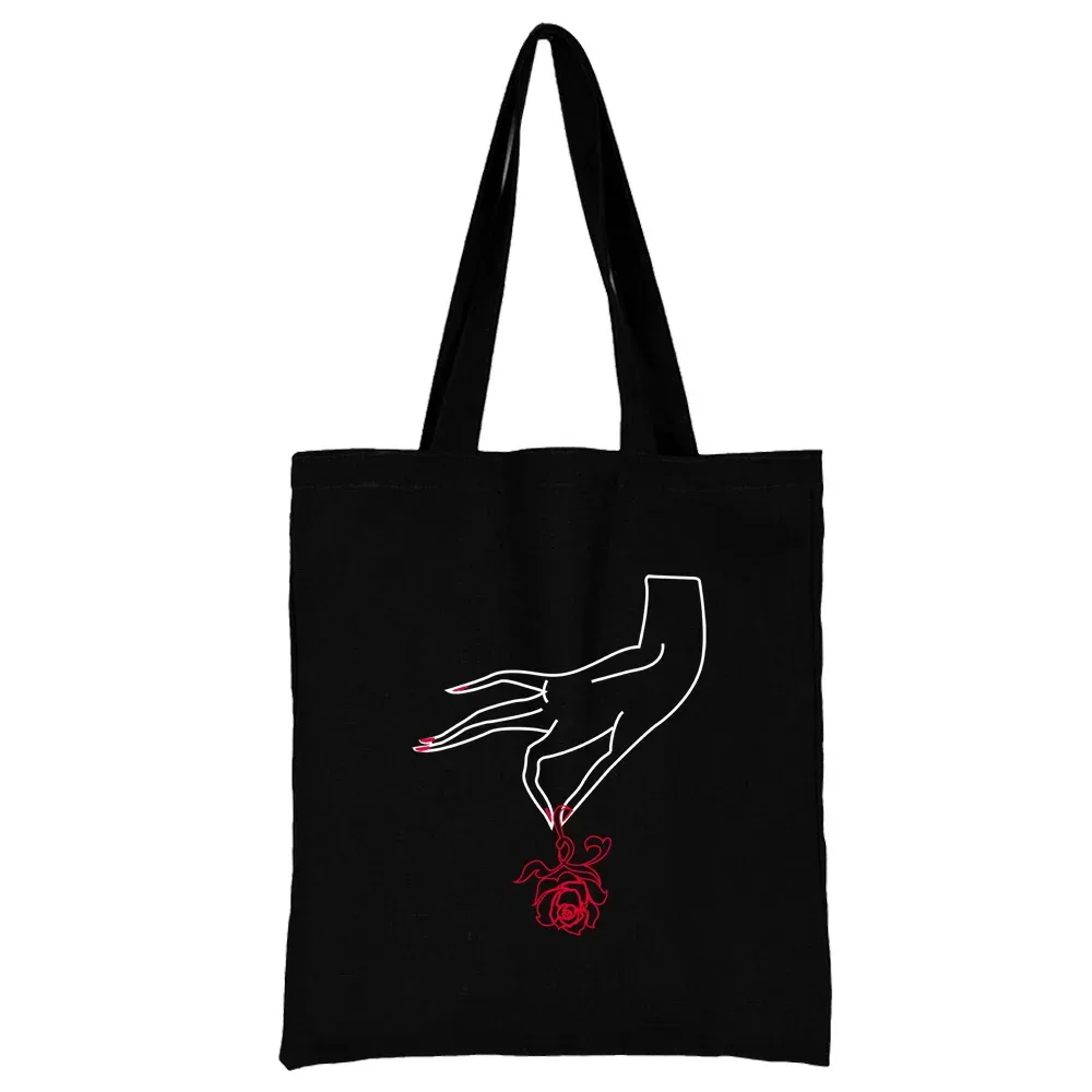 sac de shopping en toile noire pour femmes, fourre-tout décontracté réutilisable, sac à bandoulière à motif blanc imprimé, sac à main pliable de grande capacité