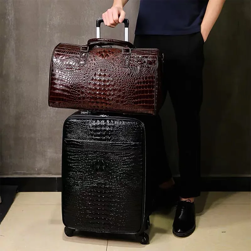 valise de voyage 100% cuir véritable avec sac à main, en cuir de vachette, à roulettes universelles, motif crocodile, 20 pouces, pour homme