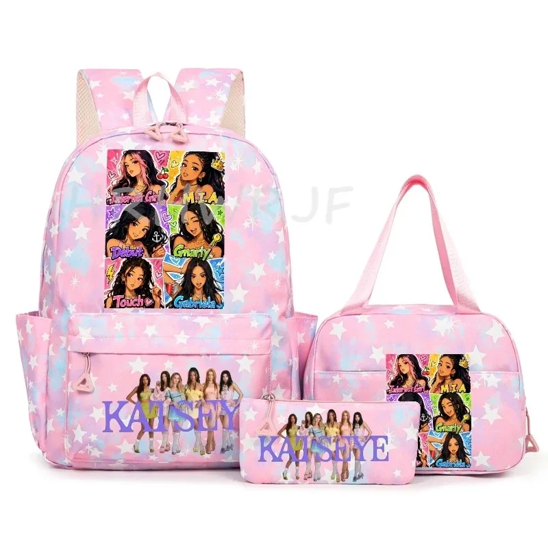 sac à dos katseye à thème musical, 3 pièces, imprimé étoiles roses, cartable amusant pour adolescents, étudiants, femmes, sac à dos pour ordinateur portable, sac de voyage mochila