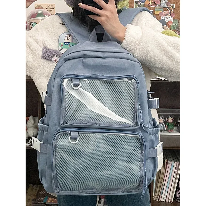 japon transparent nylon ita sac à dos étudiant grande capacité sac à dos pour ordinateur portable 2 poches claires pour affichage de broches femmes sac à bandoulière 가