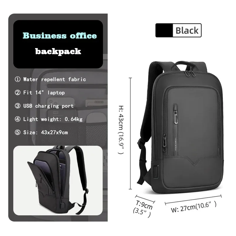hcankcan-sac à dos mince pour homme, sacoche pour ordinateur portable 14 pouces, business, multifonctionnel, étanche, école, unisexe, décontracté, voyage, noir