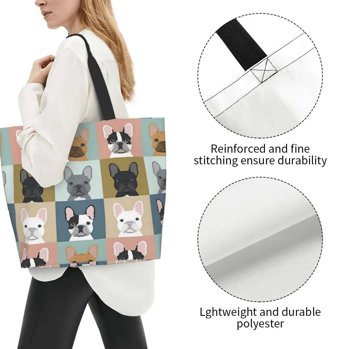 sac fourre-tout grande capacité pour femme, sac d'épicerie pour femme, bouledogues français mignons, initié