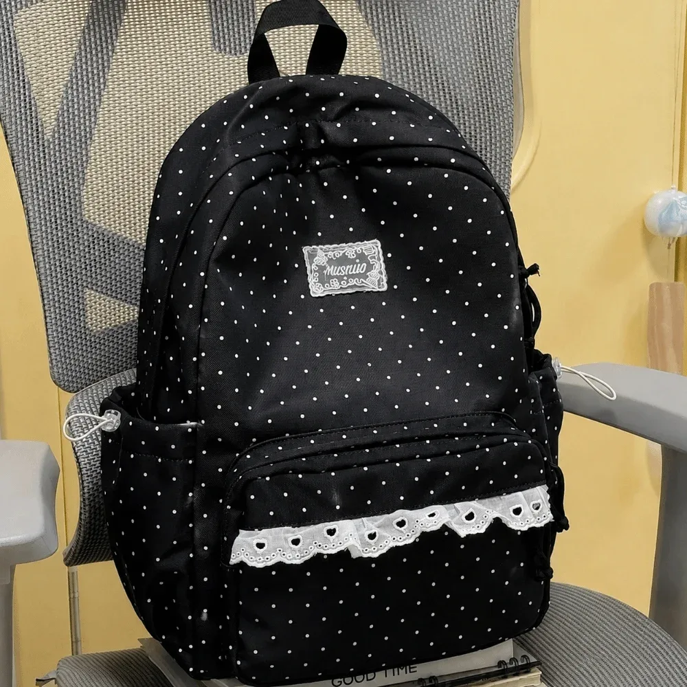 sac à dos de voyage à pois tendance avec dentelle, sac d'école en nylon pour étudiants, grande capacité, multi-poches, sac à dos pour ordinateur portable